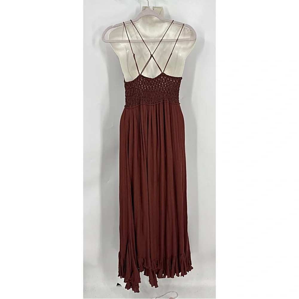 Free People Adella Brown Maxi romantic bohemian Dress with Lace Trim M - Picture 3 of 17